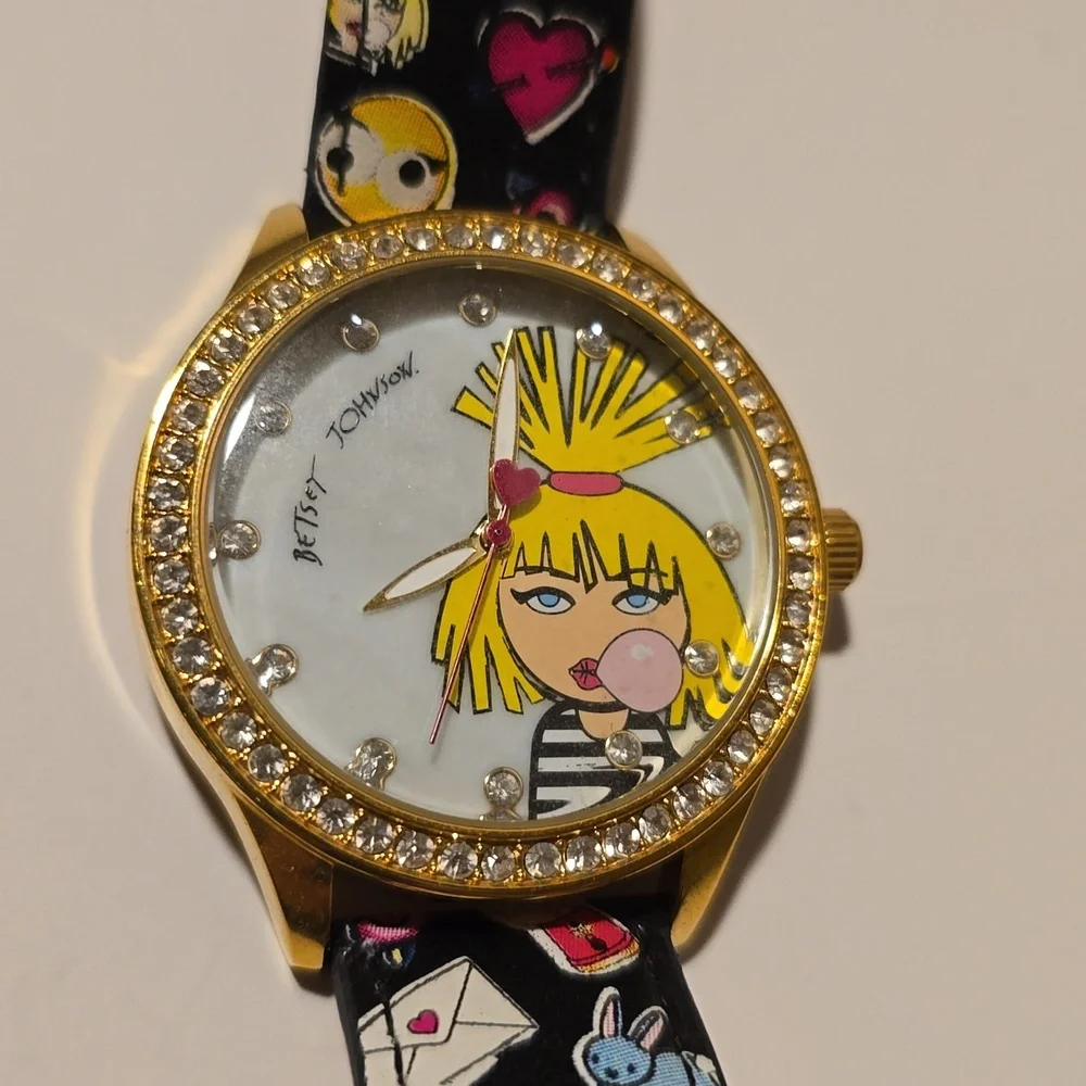 Betsey Johnson Gold Cartoon Watch with Black Strap